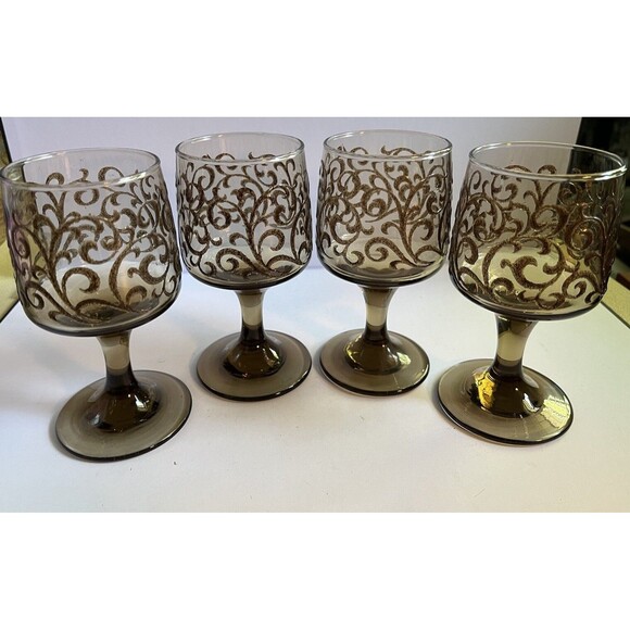 Vintage MCM Libbey Prado Stemmed Wine Goblets Scroll Embossed Tawny Brown Set/4 - Picture 1 of 6